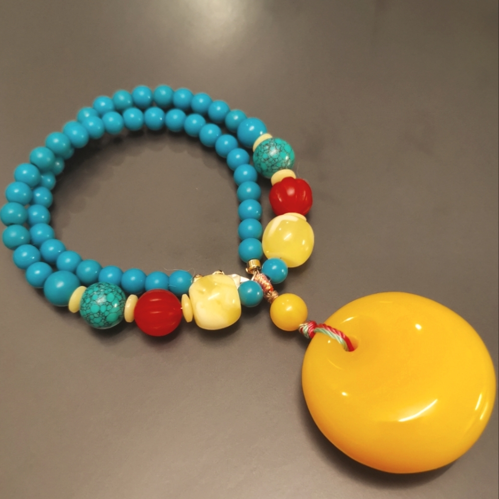 Hubei turquoise, amber and Hanhong agate necklace